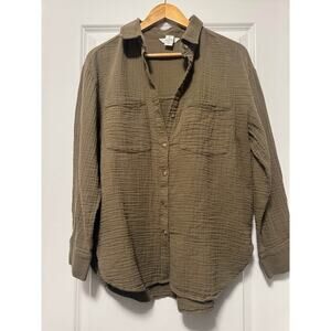 H&M Olive Green Crinkled Gauze Shirt M